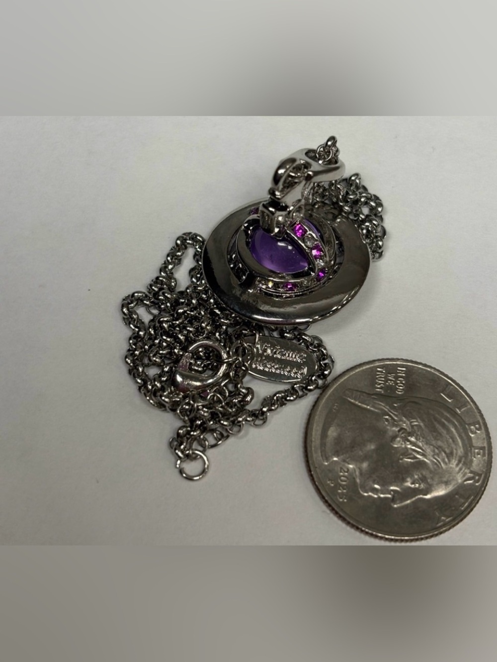 Silver-Tone Necklace with Purple Crystal Accent -